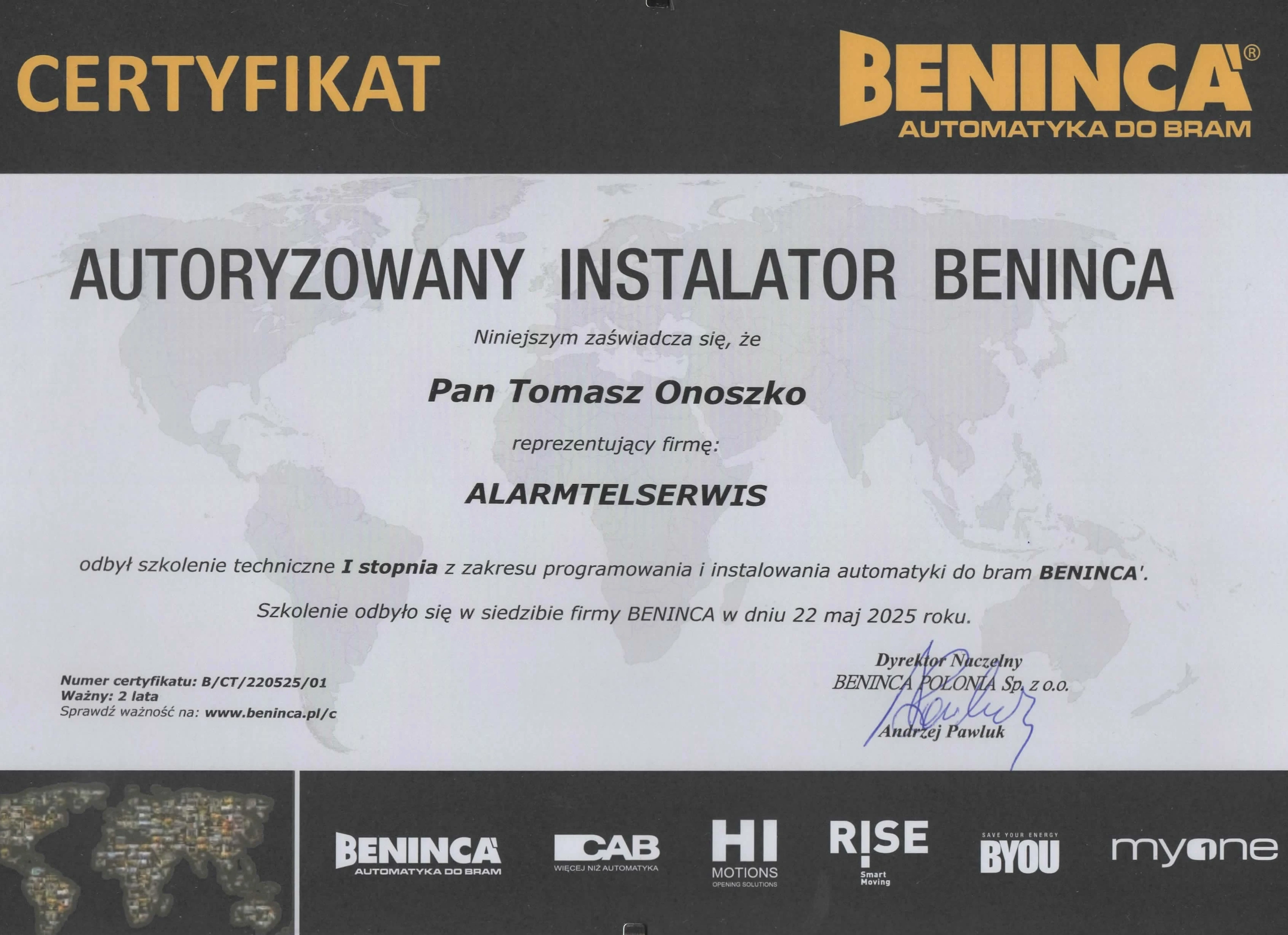 Certyfikat Beninca